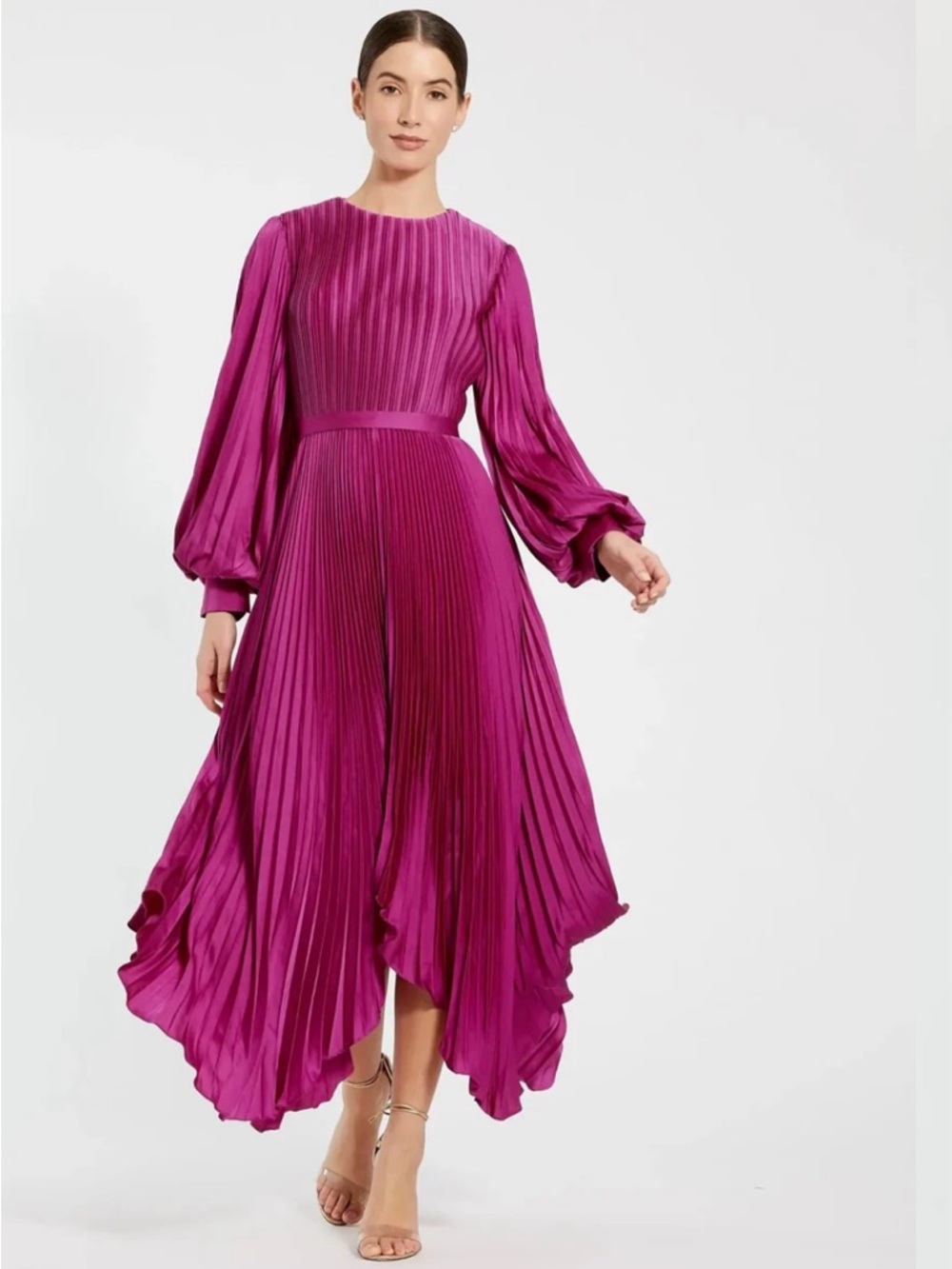Mac Duggal Fuchsia Pleated Long-Sleeve Midi Dress
